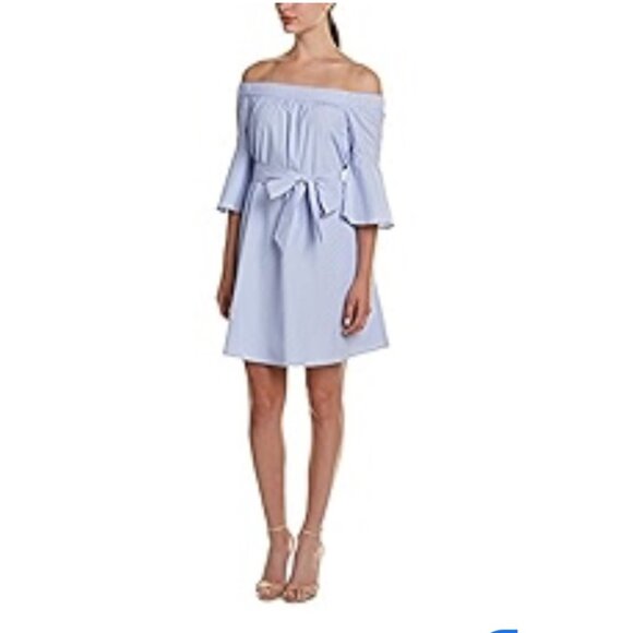 Donna Morgan Blue White Striped Off-Shoulder Dress Bell Sleeves Waist Tie Size 8 - Picture 1 of 10
